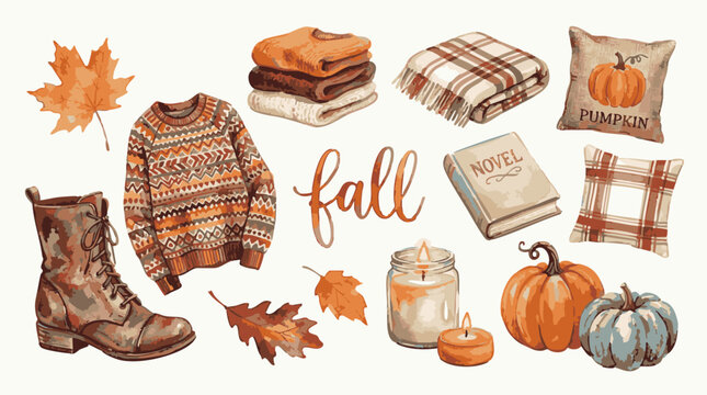 Autumn collection with patterned sweater, plaid blanket, pumpkins, leather boots, and falling leaves on a white background