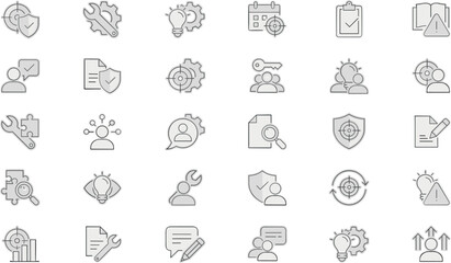 Fototapeta premium Business Management and SEO Optimization Line Icon Set with Strategy Planning, Target Analytics, Security Shields, and Creative Idea Solution Symbols
