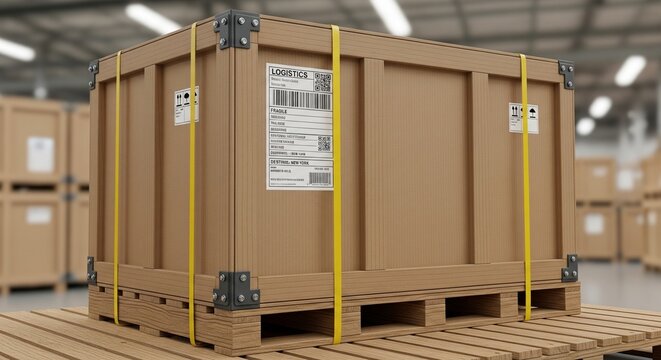 Wooden crate secured with yellow strapping tape and shipping labels on a pallet.