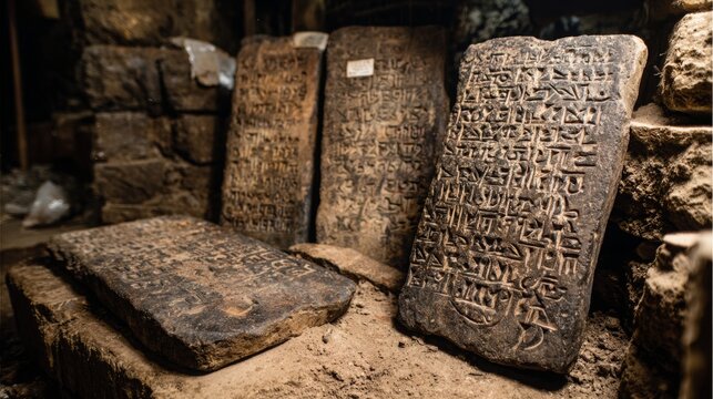 Tablets etched with inscriptions line the dark excavation.