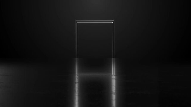 Dark studio glowing door visual neon outline, reflective surface, and empty cinematic space. brand reveals, product showcases, title cards, portal scenes, dramatic intros, and motion graphics.