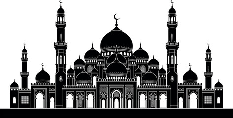 Islamic mosque building vector silhouette featuring traditional detailed architecture with grand dome minarets and crescent moon symbols © Rashidul
