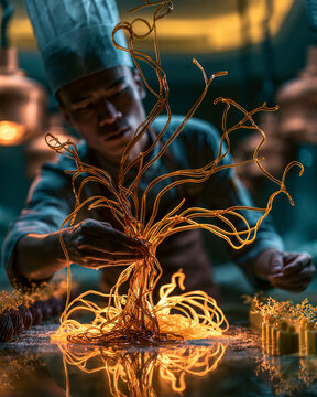 Masterful Chef Creating Exquisite Sugar Art: A Culinary Masterpiece of Colorful Confectionery and Intricate Design