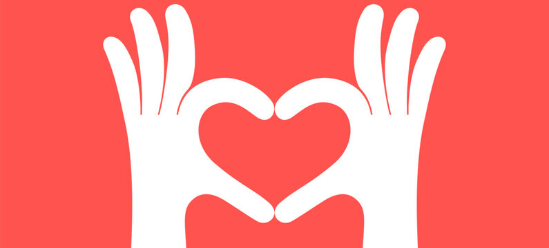 Hand sign Heart Love. Lovely hand gesture sign art, charming hand gesture sign mark, cute comic hand gesture badge, palm arm finger graphic design element sticker artwork. Vector Illustration