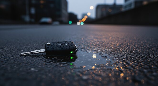 Close up of a car key remote with green light indicator on wet pavement at night