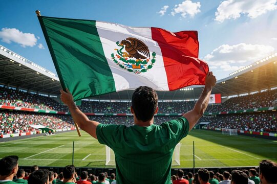 Mexican Flag Waving at Stadium Football Fan Celebration Victory