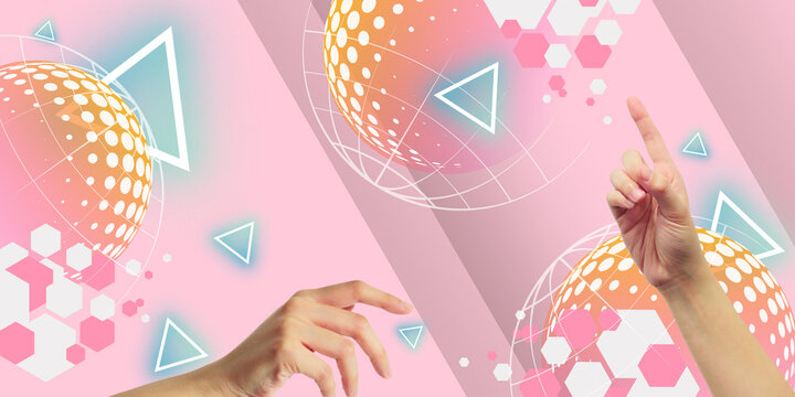 Innovation of creative business transformation with two hands interacting with a digital network