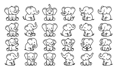 Minimalist baby elephant outline vector collection with sitting poses and raised trunks © Md