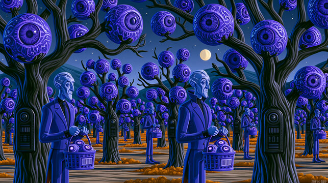 Nocturnal Biometric Orchard With Shadowy Figures Harvesting Eyeball Fruit in Purple Mist