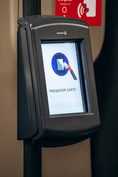 Nice, France - 28 January 2026: Ticket validation screen on tram asking passengers to present contactless card