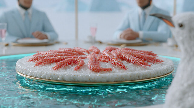 Penguin Executives Around Krill Platter in Teal Boardroom Satirizing Merger Culture