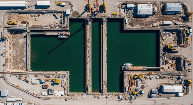 Aerial view of a large industrial harbor basin under construction, featuring dry docks, cranes, and maritime infrastructure development.