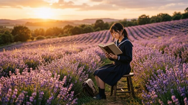 A Moment of Serenity: A young girl finds solace and knowledge in a tranquil lavender field at sunset, engrossed in a book.