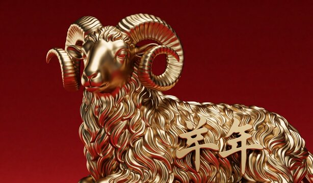 Golden Ram Sculpture with Chinese Characters Zodiac Animal Art