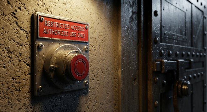 Red emergency stop button on a concrete wall with a restricted access warning sign above it.