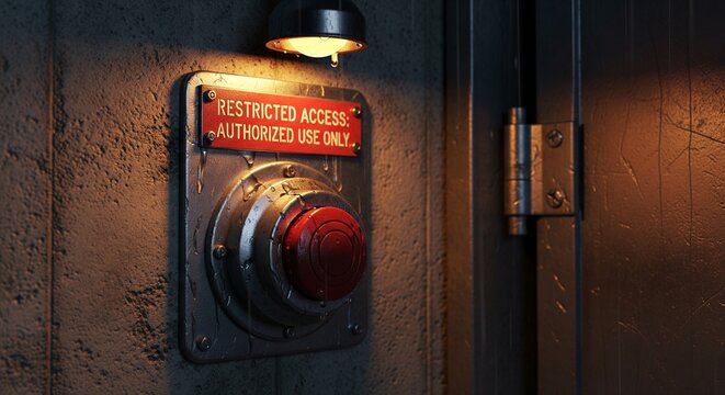 Large red industrial push button with a red restricted access sign illuminated by a small lamp