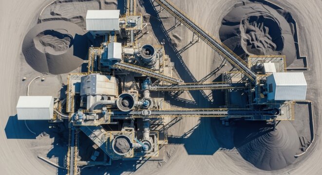 Aerial view of a large-scale industrial zinc ore processing plant with complex machinery and conveyor systems