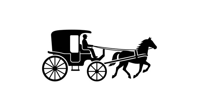 Horse drawn carriage silhouette. Vintage buggy icon with coachman isolated on white.