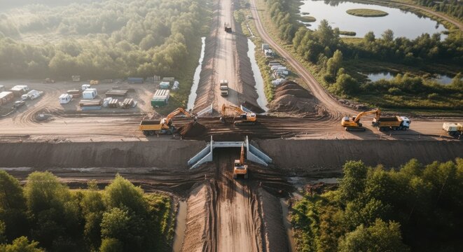 Aerial view of a massive road construction project with excavators and trucks building an embankment and overpass