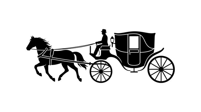 Horse drawn carriage silhouette. Vintage stagecoach icon with driver on white background.