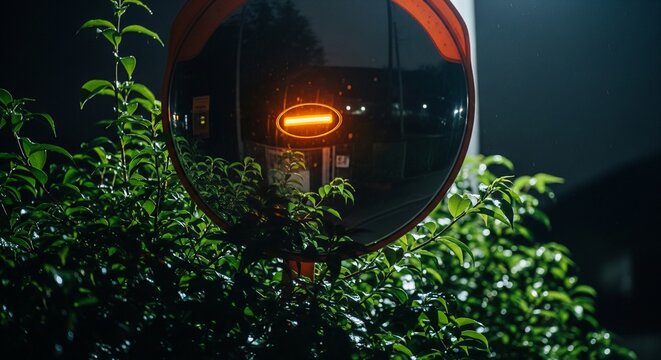 Round convex traffic mirror outdoors reflecting an orange glowing light indicator in the center