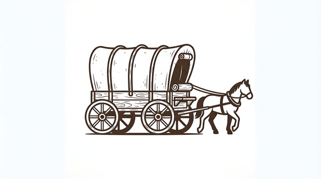 Vintage covered wagon pulled by a horse. Western pioneer carriage icon in line art style.