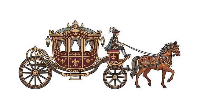 Royal horse-drawn carriage isolated on white. Vintage golden coach with a coachman.