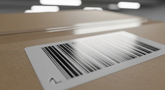 Close-up selective focus shot of a barcode printed on a brown cardboard box package