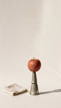 Vertical conceptual still life of a red apple balanced on stacked metal thimbles. Surreal physics and equilibrium with ordinary objects. Copy space