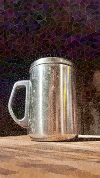 Minimalist stainless steel mug with handle placed on a wooden table against a dark background. Ideal for beverage, kitchen, drinkware, lifestyle, and product concepts.