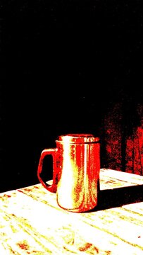 A stainless steel mug with a lid on a wooden surface, rendered in dramatic high-contrast red lighting with deep dark shadows and artistic pop art aesthetic.