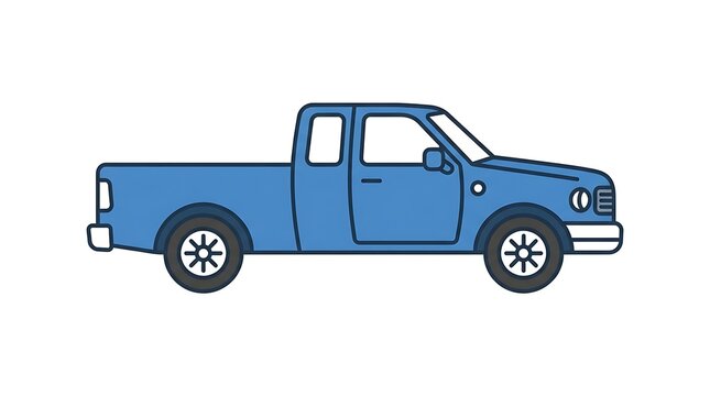 Blue pickup truck side view icon. Simple flat vector illustration of a utility vehicle.