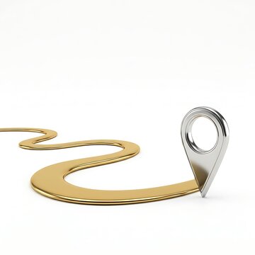 Winding Gold Road Leading to a Silver Map Pin Location Marker - Concept of Journey, Destination, and Success Isolated on White