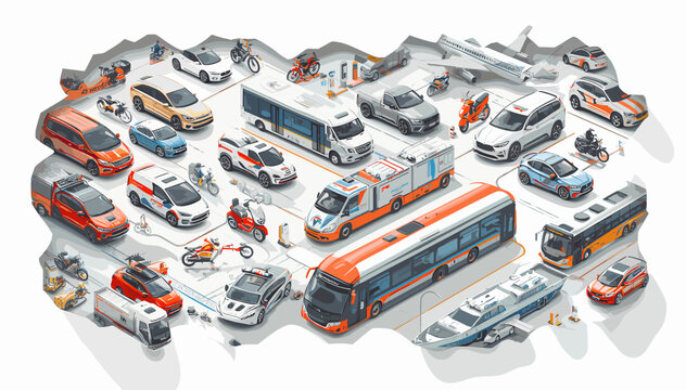 An extensive collection of various vehicles, including cars, buses, ambulances, motorcycles, and aircraft, arranged in a detailed isometric cityscape.