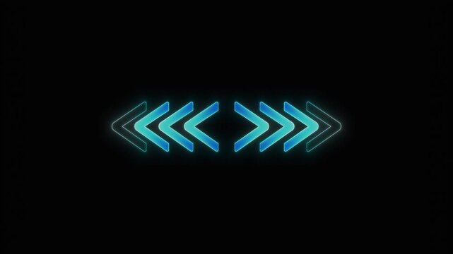 Glowing direction arrow icon visual bright cyan chevrons, soft neon edges, and black minimal background. UI animations, video transitions, menu prompts, slide openers, motion graphics.