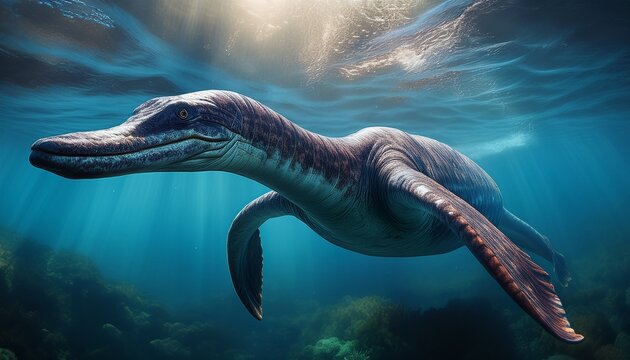 a realistic plesiosaur swims through the ocean a vibrant portrayal of a prehistoric marine reptile