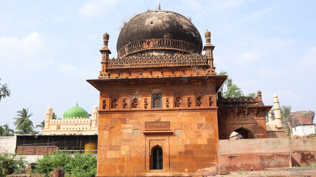 Closeup of red sonte Jamia Mashid or Mosque Near Badami Caves, Karnataka, India.