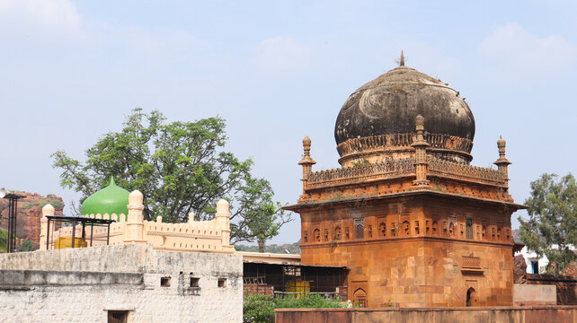 Closeup of red sonte Jamia Mashid or Mosque Near Badami Caves, Karnataka, India.