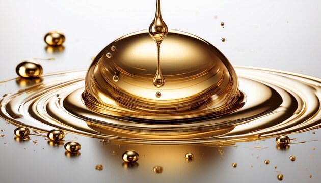 golden viscous liquid dripping creating spherical drops showcasing rich texture and flow on white background