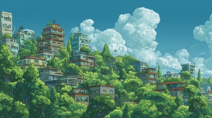 Fototapeta premium Townscape nestled in lush greenery features tiered buildings rising against a bright blue sky with fluffy white clouds.