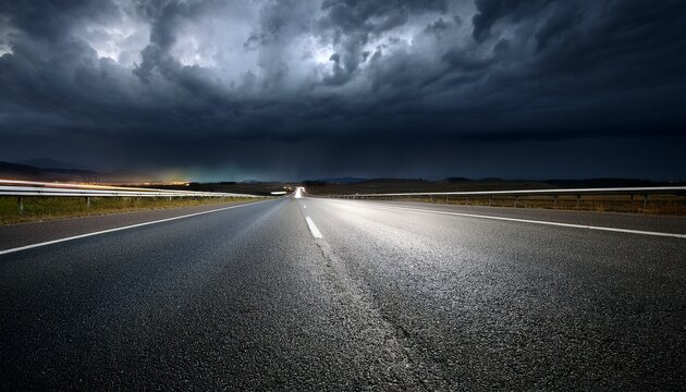empty highway at night under storm clouds and dark sky