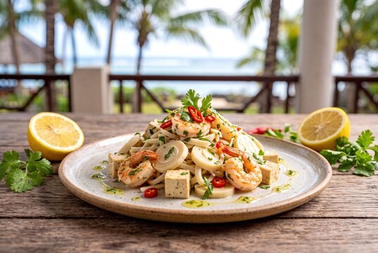 Fresh Mauritius Salade de Palmiste Featuring Grilled Shrimp and Tofu on a Tropical Wooden Table