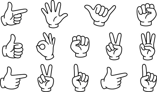 Cartoon hand gestures vector line art icon set featuring pointing finger thumbs up ok sign fist and victory poses