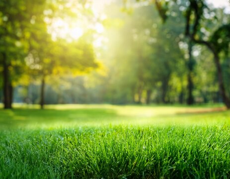 natural grass in park and trees background with blurred bokeh and sun rays