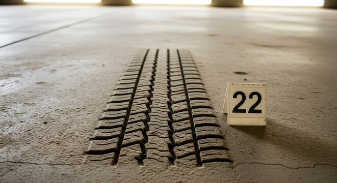 Close-up of tire skid mark on road next to evidence marker.