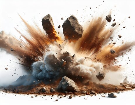 exploding dirt and rock debris creating an impact cloud with dust flying outwards on a white background