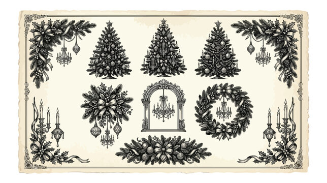 Vintage Christmas vector set, antique holiday engravings of pine trees and wreaths, classic black and white Victorian winter decor elements