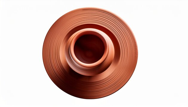 top view of a handmade clay vase on a pottery wheel isolated on white background