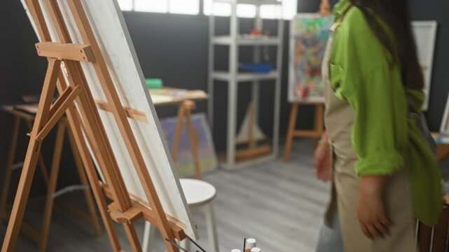Woman painter in apron leans at easel with hands on stool and occasional hand on chin while studying the canvas in studio; quiet contemplation.