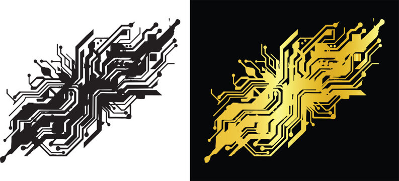 Diagonal black and golden cybernetic circuit board technology microchip vector pattern illustration set
